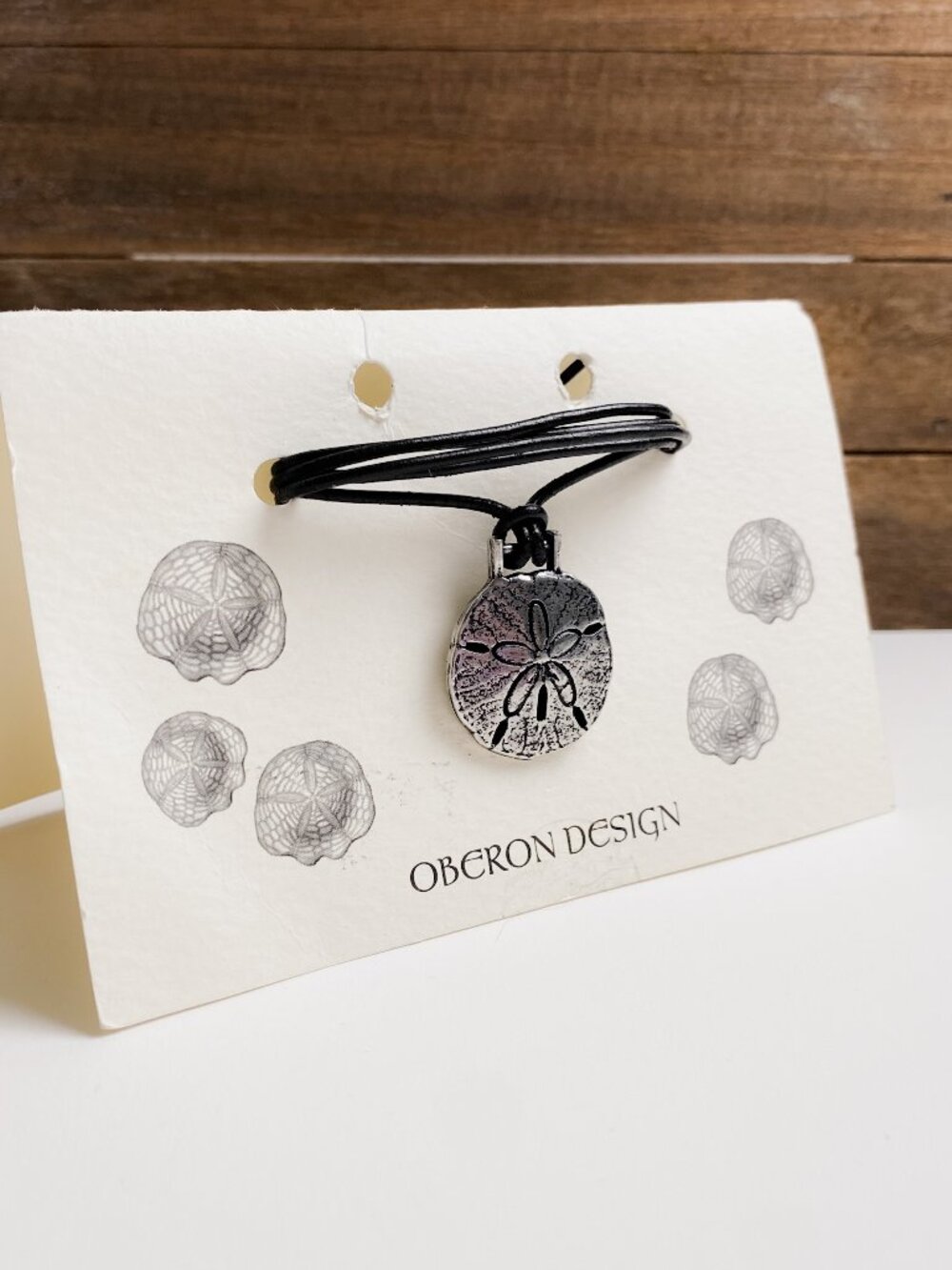 Oberon Design Handmade Leather Cord Sand Dollar Pendant Silver Tone Necklace